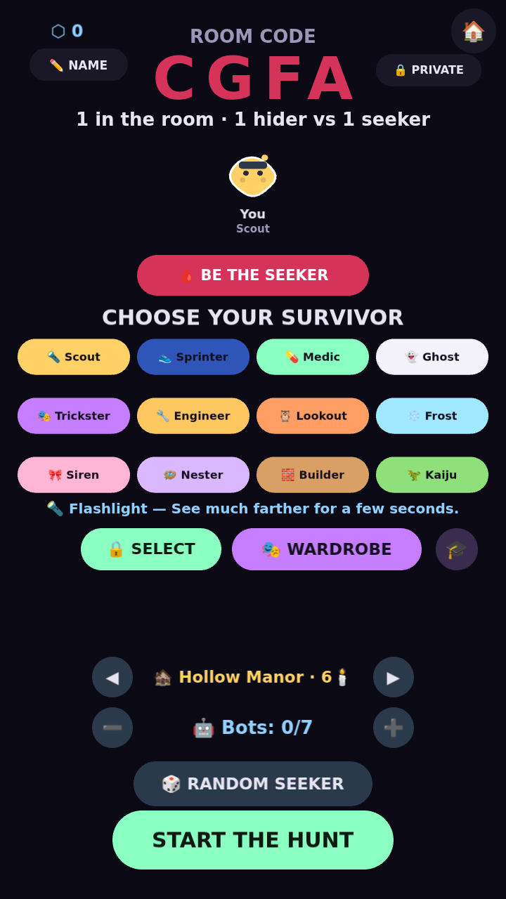The Hushfall lobby: pick a survivor class and share the room code